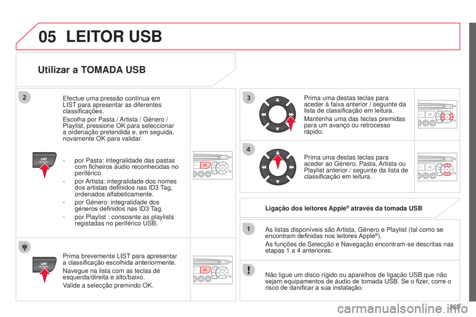 CITROEN C3 PICASSO 2015 Manual do condutor (in Portuguese) 05
263
C3Picasso_pt_Chap13c_RD45_ed01_2014
Utilizar a TOMADA USB
Prima brevemente list para apresentar
a classificação escolhida anteriormente.
n
avegue na lista com as teclas de
esquerda/direita CITROEN C3 PICASSO 2015 Manual do condutor (in Portuguese) 05
263
C3Picasso_pt_Chap13c_RD45_ed01_2014
Utilizar a TOMADA USB
Prima brevemente list para apresentar
a classificação escolhida anteriormente.
n
avegue na lista com as teclas de
esquerda/direita