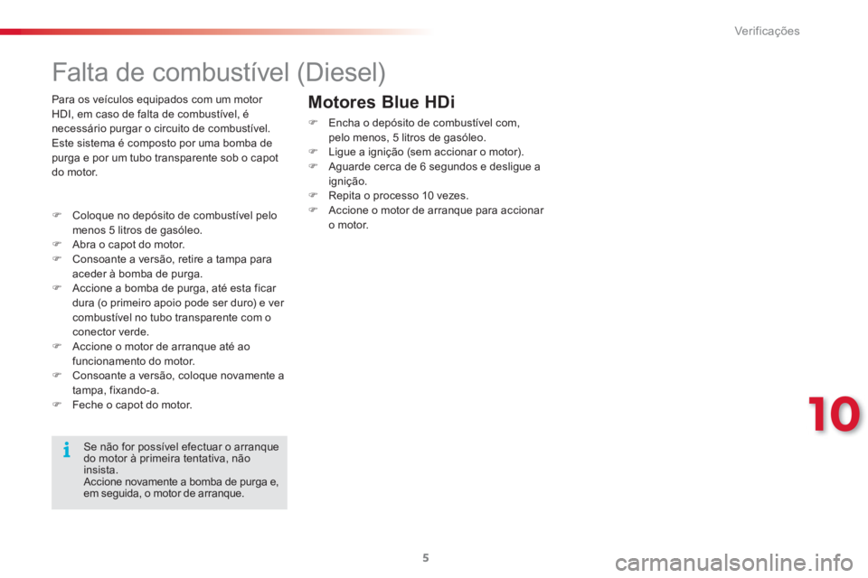 CITROEN C3 PICASSO 2015  Manual do condutor (in Portuguese) 10
Ver if ic aç ões
5
   
 
 
 
 
 
Falta de combustível (Diesel) 
 
 
 
 
�) 
  Coloque no depósito de combustível pelo 
menos 5 litros de gasóleo. 
   
�) 
  Abra o capot do motor. 
   
�) 
  