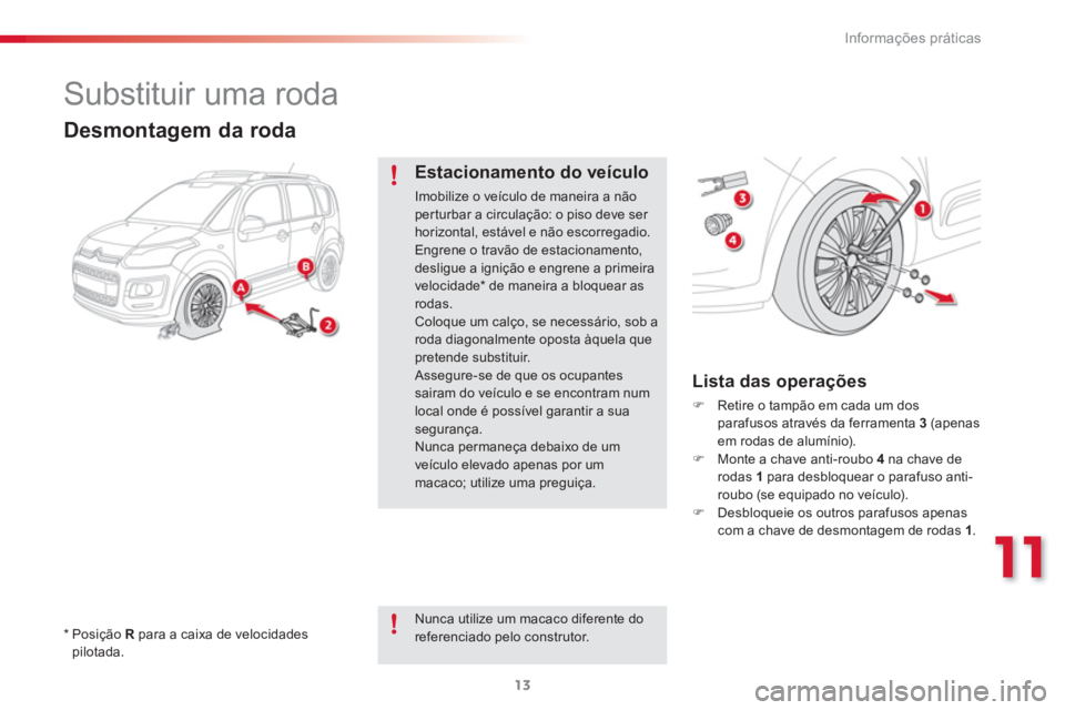 CITROEN C3 PICASSO 2015  Manual do condutor (in Portuguese) 11
Informações práticas
13
   
 
 
 
Substituir uma roda 
 
 
*  
  Posição  R 
 para a caixa de velocidades 
pilotada.  
 
 
 
 
 
 
 
 
Desmontagem da roda 
 
 
Estacionamento do veículo 
 
Im