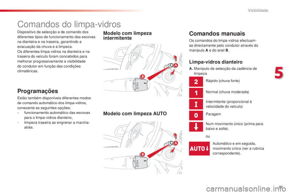 CITROEN C3 PICASSO 2015 Manual do condutor (in Portuguese) 77
C3Picasso_pt_Chap05_visibilite_ed01-2014
Comandos do limpa-vidros
Comandos manuais
Os comandos do limpa-vidros efectuam-
se directamente pelo condutor através do
manÃpulo A e do anel B.
Modelo c CITROEN C3 PICASSO 2015 Manual do condutor (in Portuguese) 77
C3Picasso_pt_Chap05_visibilite_ed01-2014
Comandos do limpa-vidros
Comandos manuais
Os comandos do limpa-vidros efectuam-
se directamente pelo condutor através do
manÃpulo A e do anel B.
Modelo c
