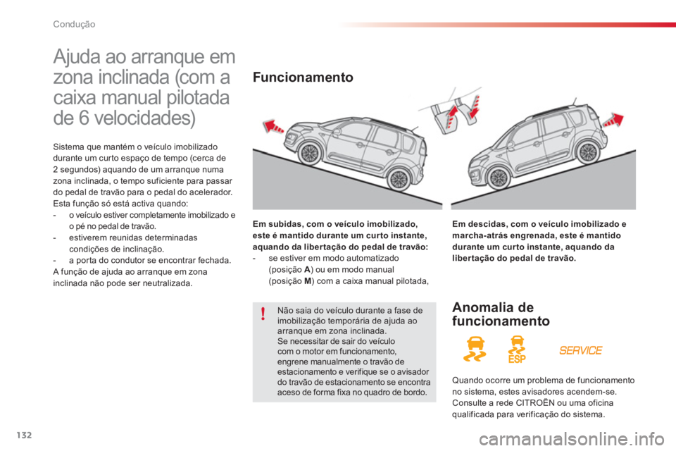 CITROEN C3 PICASSO 2014  Manual do condutor (in Portuguese) Condução
132
   
 
 
 
 
Ajuda ao arranque em 
zona inclinada (com a 
caixa manual pilotada 
de 6 velocidades) 
Sistema que mantém o veículo imobilizado
durante um curto espaço de tempo (cerca de