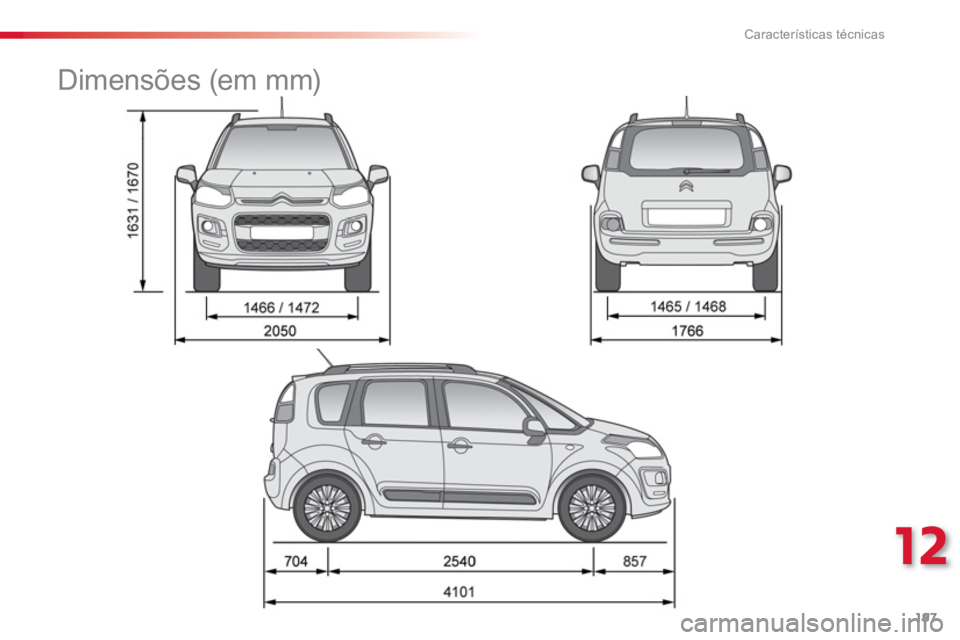 CITROEN C3 PICASSO 2014 Manual do condutor (in Portuguese) 12
Características técnicas
197
Dimensões (em mm) CITROEN C3 PICASSO 2014 Manual do condutor (in Portuguese) 12
Características técnicas
197
Dimensões (em mm)
