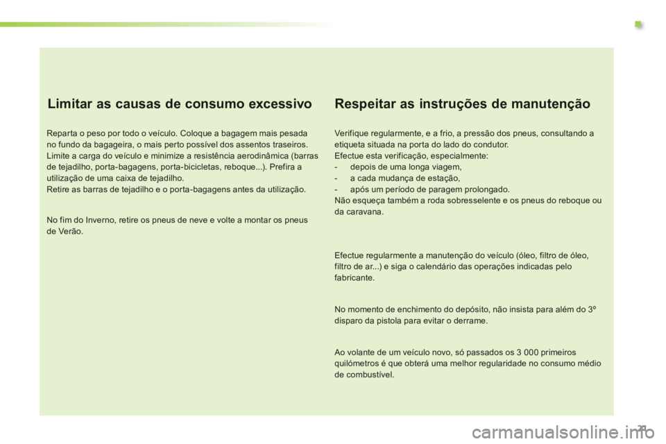 CITROEN C3 PICASSO 2014 Manual do condutor (in Portuguese) .
21
Limitar as causas de consumo excessivo
Repar ta o peso por todo o veículo. Coloque a bagagem mais pesada no fundo da bagageira, o mais perto possível dos assentos traseiros. Limite a carga CITROEN C3 PICASSO 2014 Manual do condutor (in Portuguese) .
21
Limitar as causas de consumo excessivo
Repar ta o peso por todo o veículo. Coloque a bagagem mais pesada no fundo da bagageira, o mais perto possível dos assentos traseiros. Limite a carga
