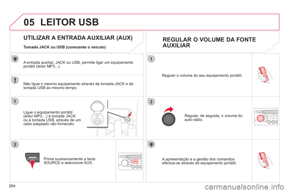 CITROEN C3 PICASSO 2014 Manual do condutor (in Portuguese) 264
05
A apresentação e a gestão dos comandosefectua-se através do equipamento portátil. Re
gular o volume do seu equipamento portátil.
Regular, de seguida, o volume do auto-rádio.
CITROEN C3 PICASSO 2014 Manual do condutor (in Portuguese) 264
05
A apresentação e a gestão dos comandosefectua-se através do equipamento portátil. Re
gular o volume do seu equipamento portátil.
Regular, de seguida, o volume do auto-rádio.