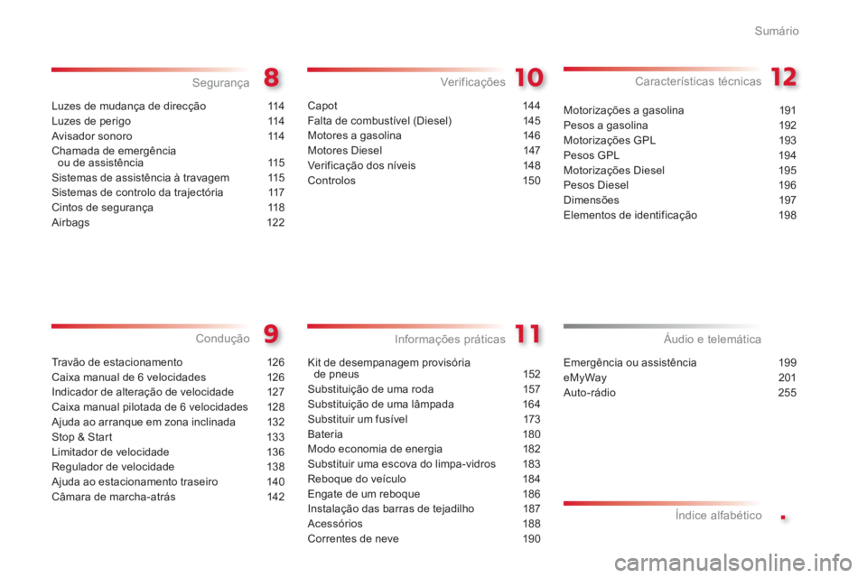 CITROEN C3 PICASSO 2014  Manual do condutor (in Portuguese) .
Sumário
Luzes de mudança de direcção  114
Luzes de perigo 114
Avisador sonoro 114
Chamada de emergênciaou de assistência 115
Sistemas de assistência à travagem  115
Sistemas de controlo da t