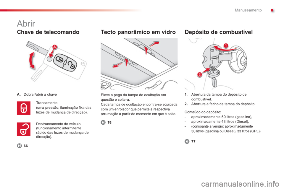 CITROEN C3 PICASSO 2014  Manual do condutor (in Portuguese) .Manuseamento
5
   
Chave de telecomando
A.Dobrar/abrir a chave  
  Tr
ancamento(uma pressão; iluminação fixa dasluzes de mudança de direcção). 
 
 
Te c t o  panorâmico em vidro
 
Eleve a pega