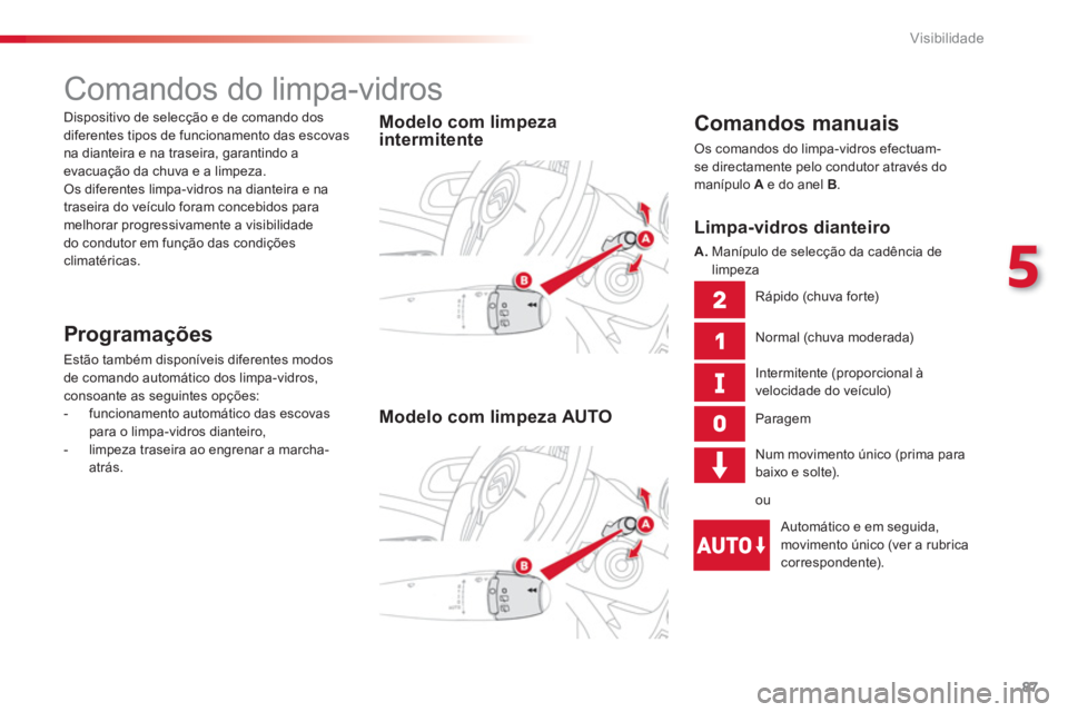 CITROEN C3 PICASSO 2014  Manual do condutor (in Portuguese) 5
Visibilidade
87
   
 
 
 
 
 
 
 
Comandos do limpa-vidros 
 
 
Comandos manuais 
 Os comandos do limpa-vidros efectuam-se directamente pelo condutor através do 
manípulo A 
 e do anel B 
. 
 
 
 