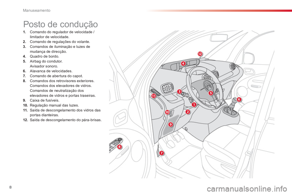 CITROEN C3 PICASSO 2014  Manual do condutor (in Portuguese) Manuseamento
8
1.    Comando do regulador de velocidade / limitador de velocidade. 2. 
  Comando de regulações do volante. 3. 
  Comandos de iluminação e luzes demudança de direcção. 4. 
 Quadr