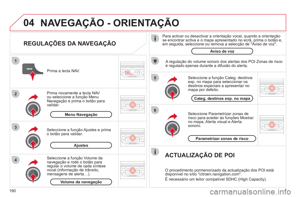 CITROEN C3 PICASSO 2012 Manual do condutor (in Portuguese) 190
04
5
6
3 2 1
4
REGULAÇÕES DA NAVEGAÇÃO
Seleccione Parametrizar zonas de risco para aceder às funções Mostrar no mapa , Alerta visual
e Alerta sonoro
.
Seleccione a fun CITROEN C3 PICASSO 2012 Manual do condutor (in Portuguese) 190
04
5
6
3 2 1
4
REGULAÇÕES DA NAVEGAÇÃO
Seleccione Parametrizar zonas de risco para aceder às funções Mostrar no mapa , Alerta visual
e Alerta sonoro
.
Seleccione a fun