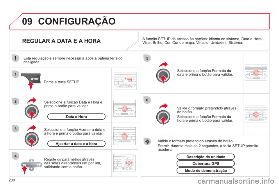 CITROEN C3 PICASSO 2012 Manual do condutor (in Portuguese) 200
09
4 3 2 1
65
CONFIGURAÇÃO
REGULAR A DATA E A HORA
A função SETUP dá acesso às opções: Idioma do sistema , Data e Hora ,
Visor , Brilho , Cor , CITROEN C3 PICASSO 2012 Manual do condutor (in Portuguese) 200
09
4 3 2 1
65
CONFIGURAÇÃO
REGULAR A DATA E A HORA
A função SETUP dá acesso às opções: Idioma do sistema , Data e Hora ,
Visor , Brilho , Cor ,