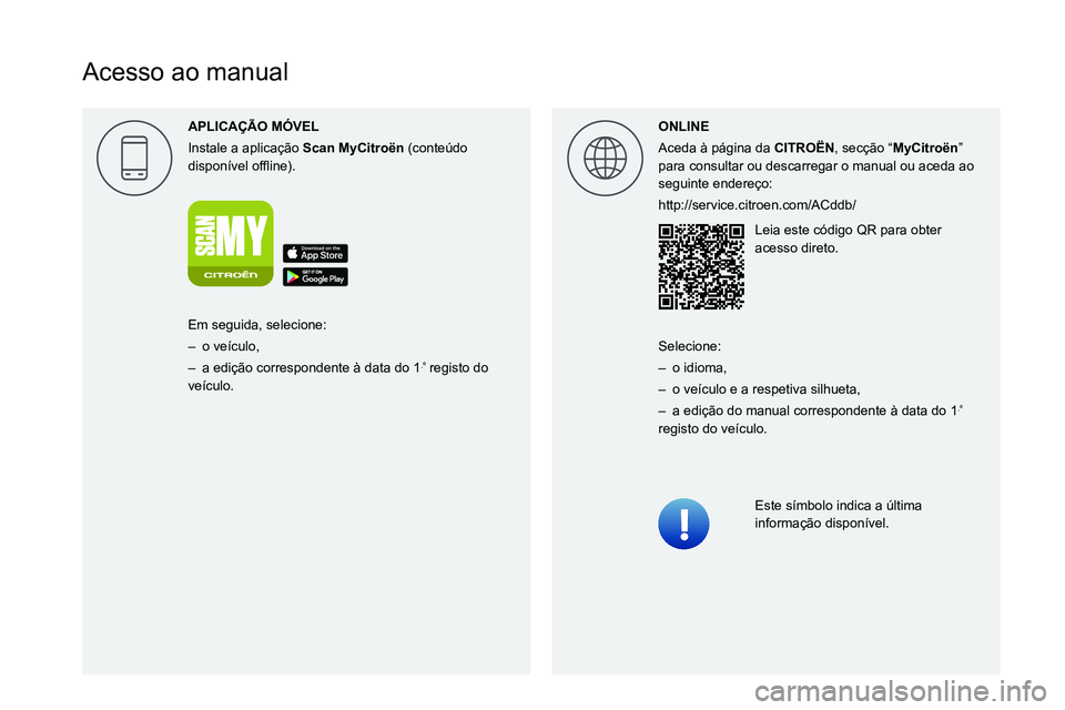 CITROEN C4 2021 Manual do condutor (in Portuguese)
Acesso ao manual
APLICA\307\303O M\323VEL
Instale a aplicação Scan MyCitro\353n (conteúdo
0047004C0056005300520051007400590048004F000300521089004C00510048000C0011 ONLINE
Aceda CITROEN C4 2021 Manual do condutor (in Portuguese)
Acesso ao manual
APLICA\307\303O M\323VEL
Instale a aplicação Scan MyCitro\353n (conteúdo
0047004C0056005300520051007400590048004F000300521089004C00510048000C0011 ONLINE
Aceda