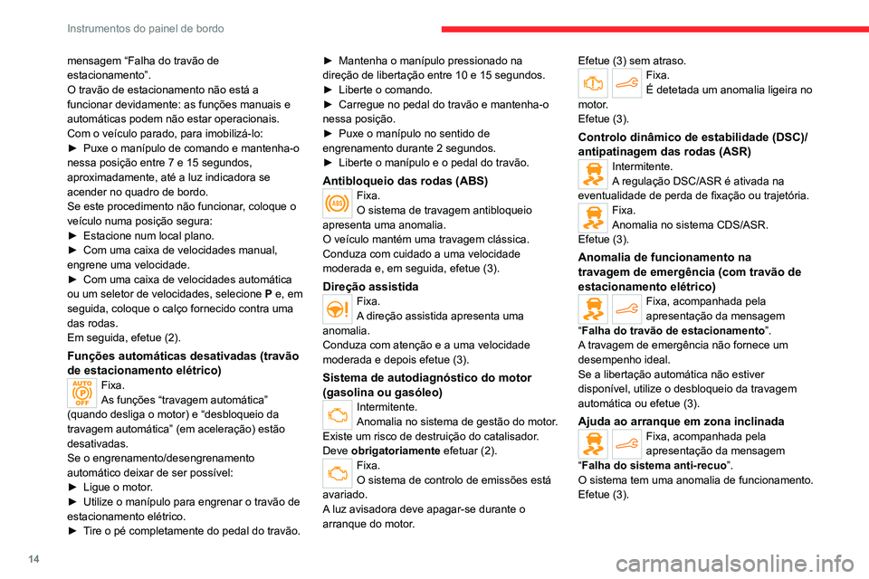 CITROEN C4 2021 Manual do condutor (in Portuguese) 14
Instrumentos do painel de bordo
mensagem “Falha do travão de
estacionamento”.
O travão de estacionamento não está a
funcionar devidamente: as funções manuais e
automáticas podem não CITROEN C4 2021 Manual do condutor (in Portuguese) 14
Instrumentos do painel de bordo
mensagem “Falha do travão de
estacionamento”.
O travão de estacionamento não está a
funcionar devidamente: as funções manuais e
automáticas podem não