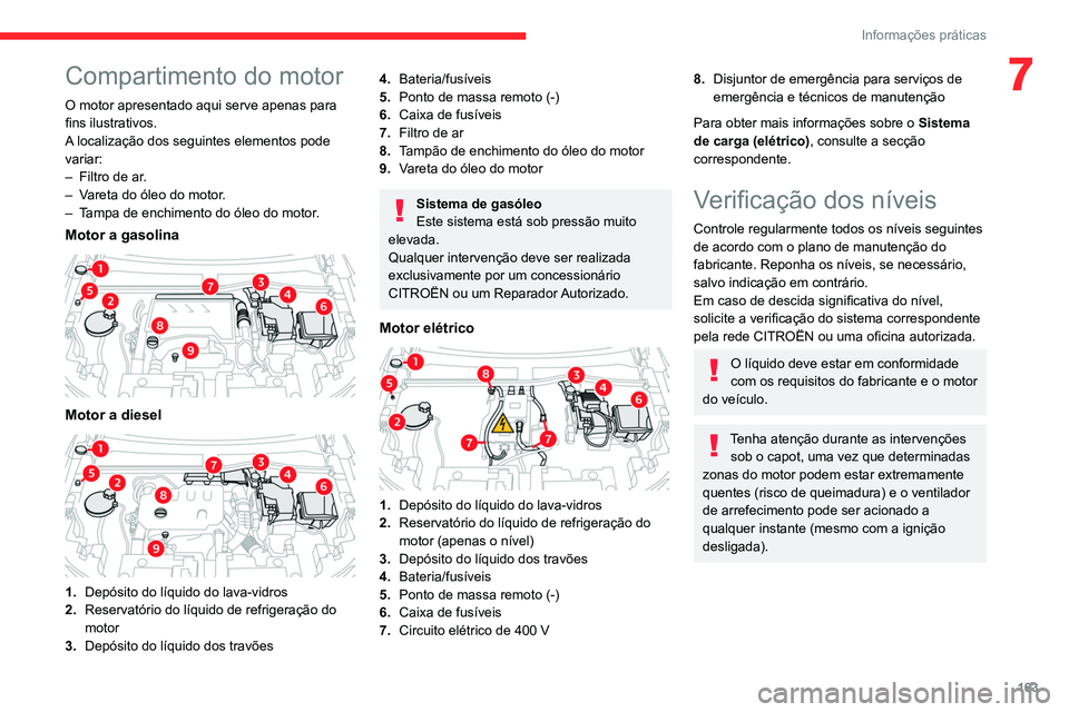 CITROEN C4 2021  Manual do condutor (in Portuguese) 163
Informações práticas
7Compartimento do motor
O motor apresentado aqui serve apenas para 
fins ilustrativos.
A localização dos seguintes elementos pode 
variar:
– 
Filtro de ar
 .
–
 
V
 a