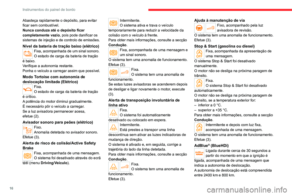 CITROEN C4 2021 Manual do condutor (in Portuguese) 16
Instrumentos do painel de bordo
Abasteça rapidamente o depósito, para evitar
ficar sem combustível.
Nunca conduza até o depósito ficar
completamente vazio, pois pode danificar os
sistemas d CITROEN C4 2021 Manual do condutor (in Portuguese) 16
Instrumentos do painel de bordo
Abasteça rapidamente o depósito, para evitar
ficar sem combustível.
Nunca conduza até o depósito ficar
completamente vazio, pois pode danificar os
sistemas d