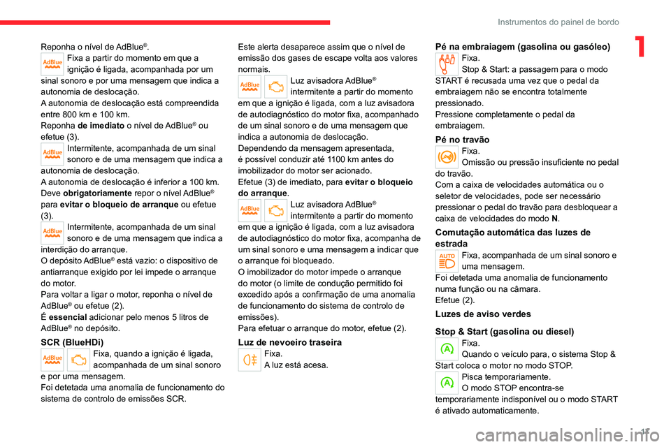 CITROEN C4 2021 Manual do condutor (in Portuguese) 17
Instrumentos do painel de bordo
1Reponha o nível de AdBlue®.Fixa a partir do momento em que a
ignição é ligada, acompanhada por um
sinal sonoro e por uma mensagem que indica a
autonomia de CITROEN C4 2021 Manual do condutor (in Portuguese) 17
Instrumentos do painel de bordo
1Reponha o nível de AdBlue®.Fixa a partir do momento em que a
ignição é ligada, acompanhada por um
sinal sonoro e por uma mensagem que indica a
autonomia de