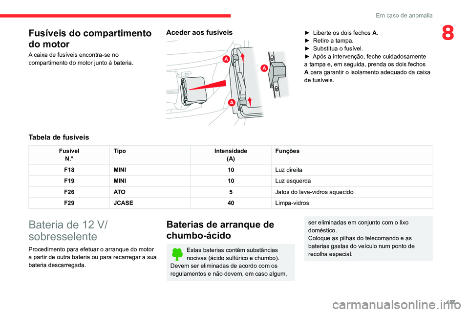 CITROEN C4 2021 Manual do condutor (in Portuguese) 185
Em caso de anomalia
8Fusíveis do compartimento
do motor
A caixa de fusíveis encontra-se no
compartimento do motor junto à bateria.
Aceder aos fusíveis
► Liberte os dois fechos A .
► CITROEN C4 2021 Manual do condutor (in Portuguese) 185
Em caso de anomalia
8Fusíveis do compartimento
do motor
A caixa de fusíveis encontra-se no
compartimento do motor junto à bateria.
Aceder aos fusíveis
► Liberte os dois fechos A .
►