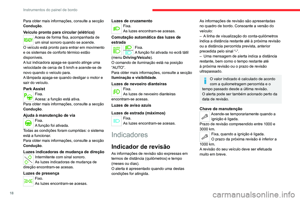 CITROEN C4 2021 Manual do condutor (in Portuguese) 18
Instrumentos do painel de bordo
Para obter mais informações, consulte a secção
Condução.
Veículo pronto para circular (elétrico)Acesa de forma fixa, acompanhada de um sinal sonoro quando s CITROEN C4 2021 Manual do condutor (in Portuguese) 18
Instrumentos do painel de bordo
Para obter mais informações, consulte a secção
Condução.
Veículo pronto para circular (elétrico)Acesa de forma fixa, acompanhada de um sinal sonoro quando s