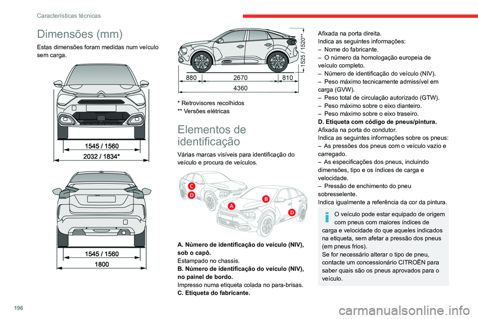 CITROEN C4 2021 Manual do condutor (in Portuguese) 196
CaracterÃsticas técnicas
Dimensões (mm)
Estas dimensões foram medidas num veÃculo
sem carga.
* Retrovisores recolhidos
** Versões elétricas
Elementos de
identificação
Vária CITROEN C4 2021 Manual do condutor (in Portuguese) 196
CaracterÃsticas técnicas
Dimensões (mm)
Estas dimensões foram medidas num veÃculo
sem carga.
* Retrovisores recolhidos
** Versões elétricas
Elementos de
identificação
Vária