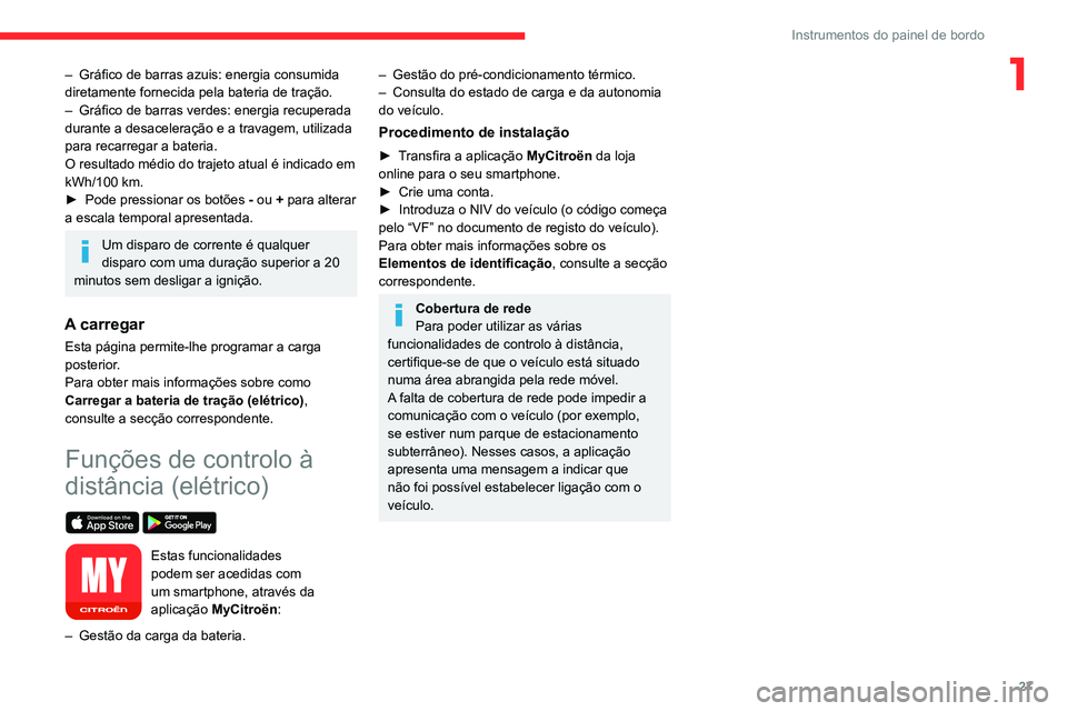 CITROEN C4 2021 Manual do condutor (in Portuguese) 27
Instrumentos do painel de bordo
1– Gráfico de barras azuis: energia consumida
diretamente fornecida pela bateria de tração.
–
Gráfico de barras verdes: energia recuperada
durante a desa CITROEN C4 2021 Manual do condutor (in Portuguese) 27
Instrumentos do painel de bordo
1– Gráfico de barras azuis: energia consumida
diretamente fornecida pela bateria de tração.
–
Gráfico de barras verdes: energia recuperada
durante a desa