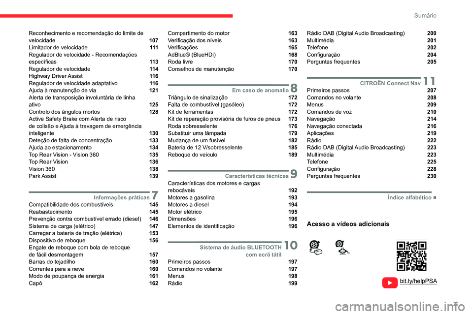 CITROEN C4 2021  Manual do condutor (in Portuguese) 3
Sumário
  
  
 
 
 
 
Reconhecimento e recomendação do limite de 
velocidade  107
Limitador de velocidade  111
Regulador de velocidade - Recomendações 
específicas 
 11 3
Regulador de velocida