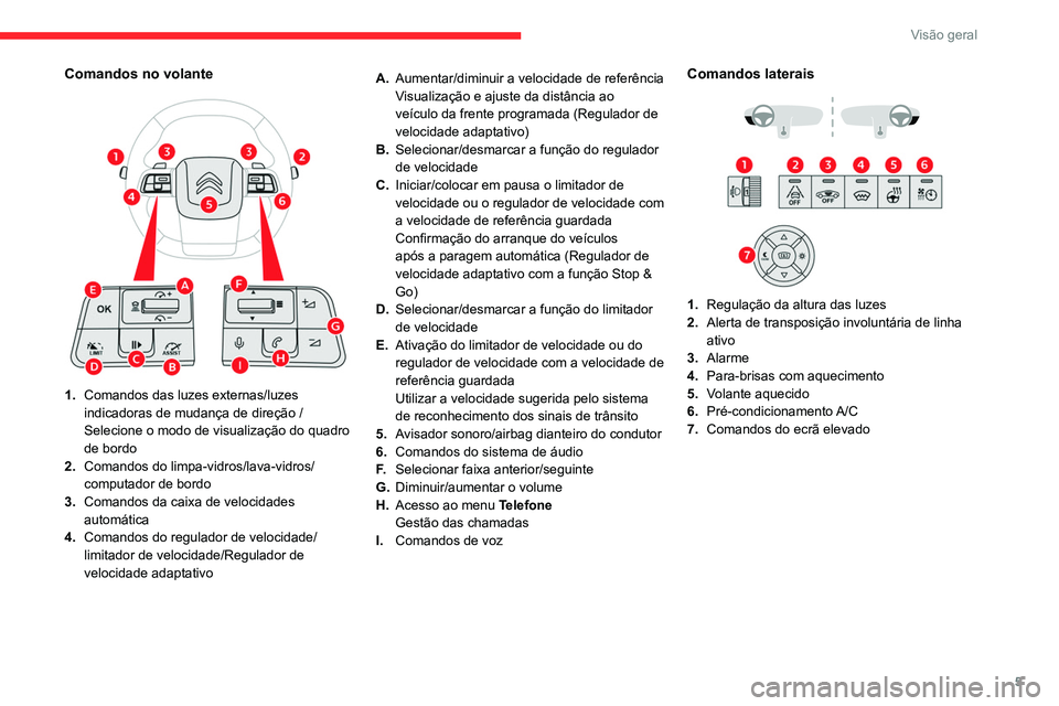 CITROEN C4 2021 Manual do condutor (in Portuguese) 5
Visão geral
Comandos no volante
1.Comandos das luzes externas/luzes
indicadoras de mudança de direção
/
Selecione o modo de visualização do quadro
de bordo
2. Comandos do limpa-vidros/l CITROEN C4 2021 Manual do condutor (in Portuguese) 5
Visão geral
Comandos no volante
1.Comandos das luzes externas/luzes
indicadoras de mudança de direção
/
Selecione o modo de visualização do quadro
de bordo
2. Comandos do limpa-vidros/l
