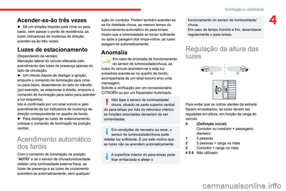 CITROEN C4 2021 Manual do condutor (in Portuguese) 61
Iluminação e visibilidade
4Acender-se-ão três vezes
► Dê um simples impulso para cima ou para
baixo, sem passar o ponto de resistência; as
luzes indicadoras de mudança de direção
acen CITROEN C4 2021 Manual do condutor (in Portuguese) 61
Iluminação e visibilidade
4Acender-se-ão três vezes
► Dê um simples impulso para cima ou para
baixo, sem passar o ponto de resistência; as
luzes indicadoras de mudança de direção
acen