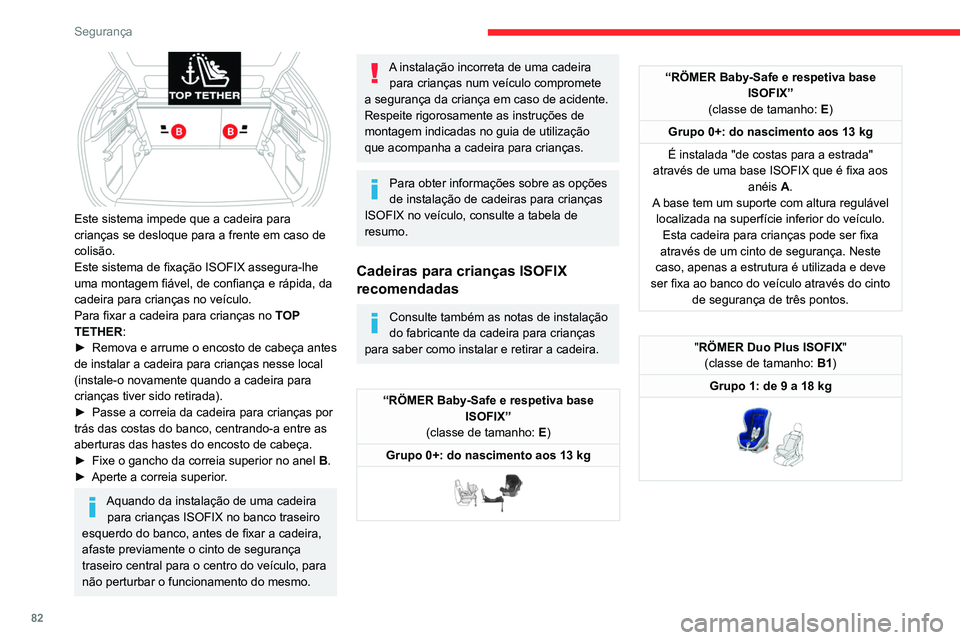 CITROEN C4 2021  Manual do condutor (in Portuguese) 82
Segurança
 
Este sistema impede que a cadeira para 
crianças se desloque para a frente em caso de 
colisão.
Este sistema de fixação ISOFIX assegura-lhe 
uma montagem fiável, de confiança e r