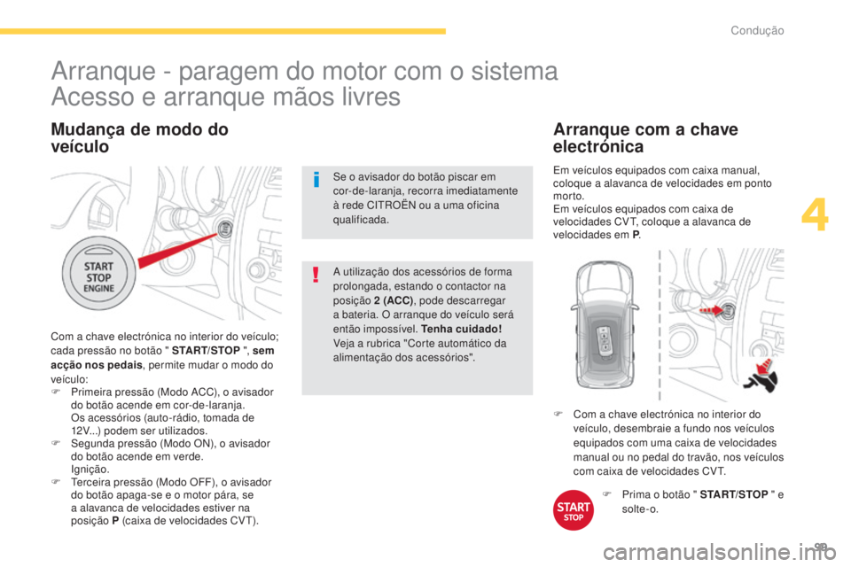 CITROEN C4 AIRCROSS 2016  Manual do condutor (in Portuguese) 99
C4-Aircross_pt_Chap04_conduite_ed01-2014
Mudança de modo do 
veículo
Com a chave electrónica no interior do veículo; 
cada pressão no botão " START/STOP ", sem 
acção nos pedais , p