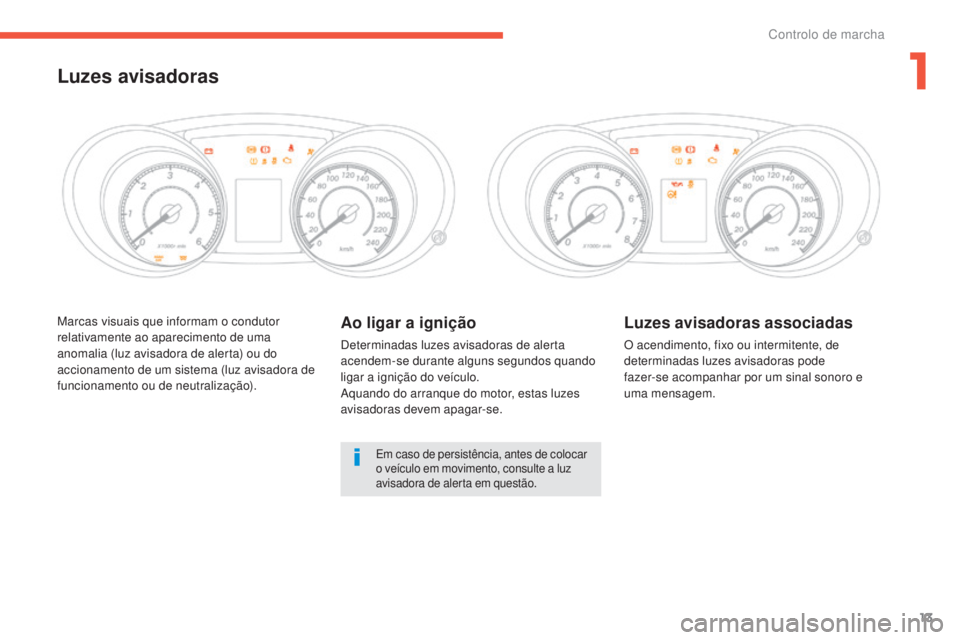 CITROEN C4 AIRCROSS 2016  Manual do condutor (in Portuguese) 13
C4-Aircross_pt_Chap01_controle-de-marche_ed01-2014
Marcas visuais que informam o condutor 
relativamente ao aparecimento de uma 
anomalia (luz avisadora de alerta) ou do 
accionamento de um sistema