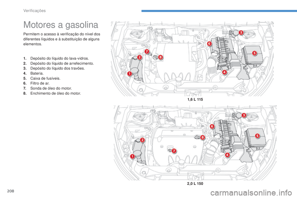 CITROEN C4 AIRCROSS 2016 Manual do condutor (in Portuguese) 208
C4-Aircross_pt_Chap08_verifications_ed01-2014
Permitem o acesso à verificação do nÃvel dos
diferentes lÃquidos e à substituição de alguns
elementos.
Motores a gasolina
1. depósito do là CITROEN C4 AIRCROSS 2016 Manual do condutor (in Portuguese) 208
C4-Aircross_pt_Chap08_verifications_ed01-2014
Permitem o acesso à verificação do nÃvel dos
diferentes lÃquidos e à substituição de alguns
elementos.
Motores a gasolina
1. depósito do lÃ