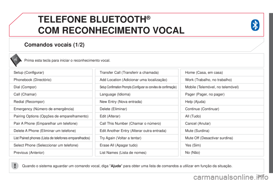 CITROEN C4 AIRCROSS 2016 Manual do condutor (in Portuguese) 247
Comandos vocais (1/2)
Setup (Configurar)
Phonebook (d irectório)
d
ial (Compor)
Call (Chamar)
r
edial ( r ecompor)
e
mergency ( n úmero de emergência)
Pairing Options (Opções de emparelham CITROEN C4 AIRCROSS 2016 Manual do condutor (in Portuguese) 247
Comandos vocais (1/2)
Setup (Configurar)
Phonebook (d irectório)
d
ial (Compor)
Call (Chamar)
r
edial ( r ecompor)
e
mergency ( n úmero de emergência)
Pairing Options (Opções de emparelham