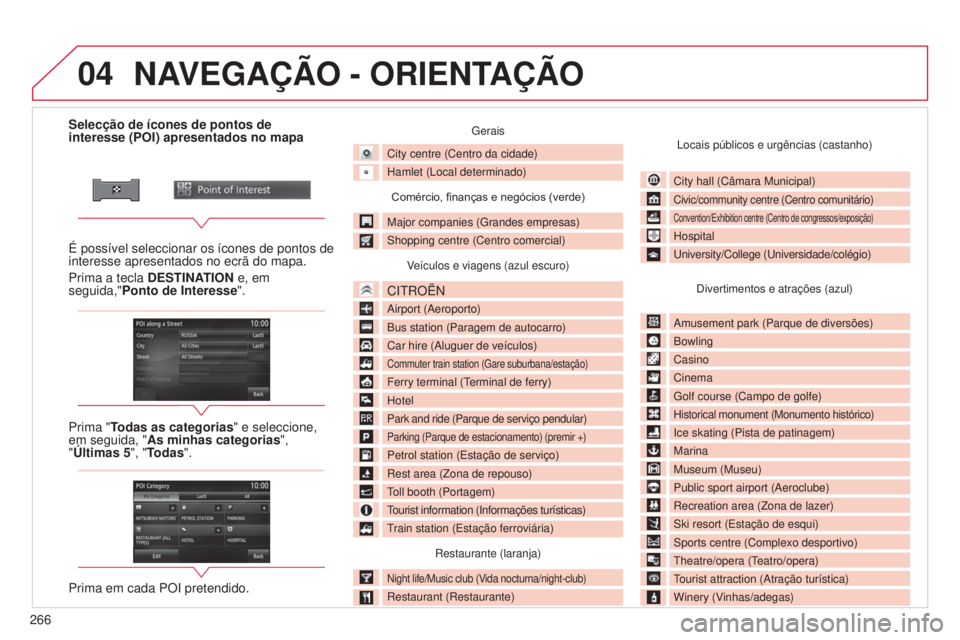 CITROEN C4 AIRCROSS 2016 Manual do condutor (in Portuguese) 04
266
C4-Aircross_pt_Chap10b_Mitsu6_ed01-2014
Selecção de ícones de pontos de
interesse (POI) apresentados no mapa
É possível seleccionar os ícones de pontos de
interesse apresentados no ecr CITROEN C4 AIRCROSS 2016 Manual do condutor (in Portuguese) 04
266
C4-Aircross_pt_Chap10b_Mitsu6_ed01-2014
Selecção de ícones de pontos de
interesse (POI) apresentados no mapa
É possível seleccionar os ícones de pontos de
interesse apresentados no ecr