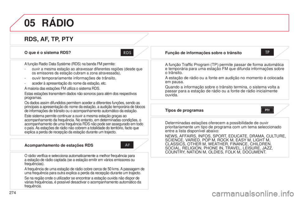 CITROEN C4 AIRCROSS 2016 Manual do condutor (in Portuguese) 05
274
C4-Aircross_pt_Chap10b_Mitsu6_ed01-2014
O que é o sistema RDS?
A função radio data système (rds) na banda FM permite:
-
ouvir a mesma estação ao atravessar diferentes regiões (desde \
CITROEN C4 AIRCROSS 2016 Manual do condutor (in Portuguese) 05
274
C4-Aircross_pt_Chap10b_Mitsu6_ed01-2014
O que é o sistema RDS?
A função radio data système (rds) na banda FM permite:
-
ouvir a mesma estação ao atravessar diferentes regiões (desde \