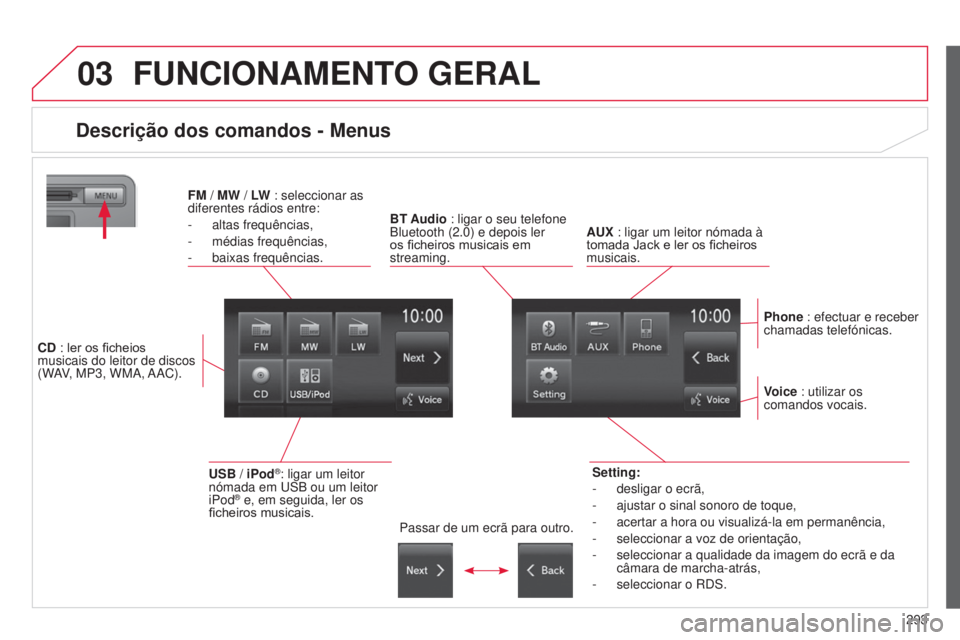 CITROEN C4 AIRCROSS 2016 Manual do condutor (in Portuguese) 03
293
C4-Aircross_pt_Chap10c_Mitsu5_ed01-2014
FUNCIONAMENTO GERAL
Descrição dos comandos - Menus
Setting:
-
desligar o ecrã,
-
ajustar o sinal sonoro de toque,
-
acertar a hora ou visualizà CITROEN C4 AIRCROSS 2016 Manual do condutor (in Portuguese) 03
293
C4-Aircross_pt_Chap10c_Mitsu5_ed01-2014
FUNCIONAMENTO GERAL
Descrição dos comandos - Menus
Setting:
-
desligar o ecrã,
-
ajustar o sinal sonoro de toque,
-
acertar a hora ou visualizÃ