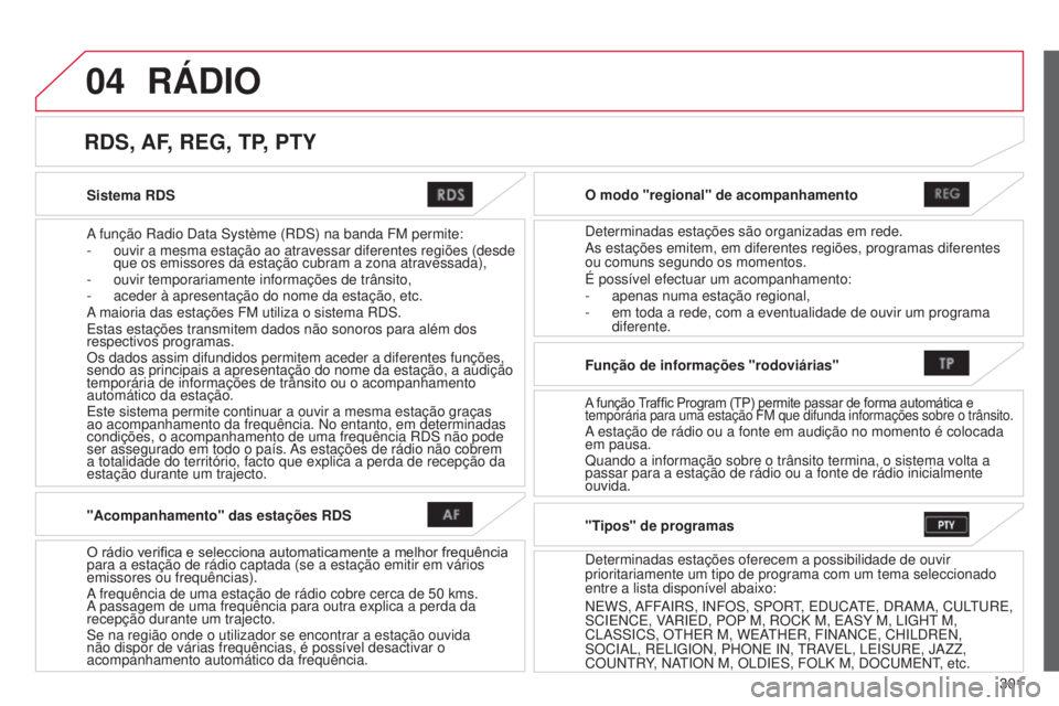 CITROEN C4 AIRCROSS 2016 Manual do condutor (in Portuguese) 04
301
C4-Aircross_pt_Chap10c_Mitsu5_ed01-2014
Sistema RDS
A função r adio d ata s ystème ( rds ) na banda FM permite:
-
ouvir a mesma estação ao atravessar diferentes regiões (desde \
que CITROEN C4 AIRCROSS 2016 Manual do condutor (in Portuguese) 04
301
C4-Aircross_pt_Chap10c_Mitsu5_ed01-2014
Sistema RDS
A função r adio d ata s ystème ( rds ) na banda FM permite:
-
ouvir a mesma estação ao atravessar diferentes regiões (desde \
que