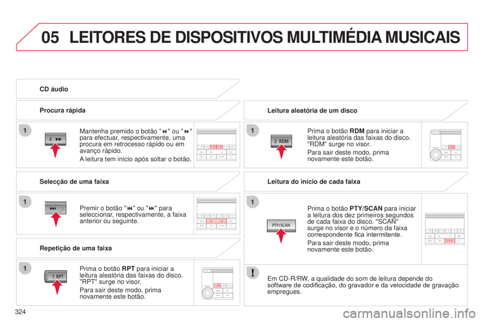 CITROEN C4 AIRCROSS 2016 Manual do condutor (in Portuguese) 05
324
C4-Aircross_pt_Chap10d_Mitsu4_ed01-2014
LEITORES DE DISPOSITIVOS MULTIMéDIA MUSICAIS
Leitura aleatória de um disco
Prima o botão RDM para iniciar a
leitura aleatória das faixas do disco.
CITROEN C4 AIRCROSS 2016 Manual do condutor (in Portuguese) 05
324
C4-Aircross_pt_Chap10d_Mitsu4_ed01-2014
LEITORES DE DISPOSITIVOS MULTIMéDIA MUSICAIS
Leitura aleatória de um disco
Prima o botão RDM para iniciar a
leitura aleatória das faixas do disco.