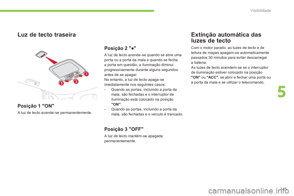 CITROEN C4 AIRCROSS 2014 Manual do condutor (in Portuguese) 145
5
Visibilidade
Luz de tecto traseira
Posição 1 "ON"
A luz de tecto acende-se permanentemente.
Posição 2 "●"
A luz de tecto acende-se quando se abre uma
porta ou a porta CITROEN C4 AIRCROSS 2014 Manual do condutor (in Portuguese) 145
5
Visibilidade
Luz de tecto traseira
Posição 1 "ON"
A luz de tecto acende-se permanentemente.
Posição 2 "●"
A luz de tecto acende-se quando se abre uma
porta ou a porta