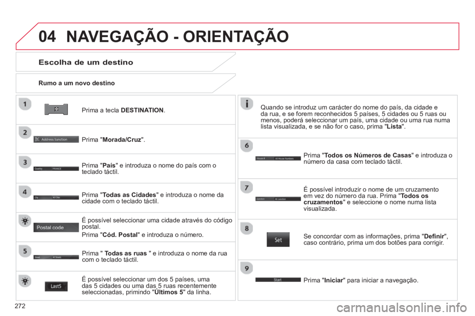 CITROEN C4 AIRCROSS 2014 Manual do condutor (in Portuguese) 272
04
Prima a tecla DESTINATION.
Rumo a um novo destino
Escolha de um destino
Prima "Morada/Cruz".
Prima "País" e introduza o nome do país com o
teclado táctil.
CITROEN C4 AIRCROSS 2014 Manual do condutor (in Portuguese) 272
04
Prima a tecla DESTINATION.
Rumo a um novo destino
Escolha de um destino
Prima "Morada/Cruz".
Prima "País" e introduza o nome do país com o
teclado táctil.