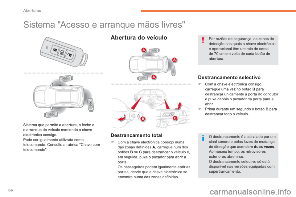 CITROEN C4 AIRCROSS 2014  Manual do condutor (in Portuguese) 66
Aberturas
   
 
 
 
 
 
 
 
 
 
 
 
 
 
 
 
 
 
 
 
 
 
 
Sistema "Acesso e arranque mãos livres" 
 
 
Destrancamento selectivo 
 
 
 
�) 
  Com a chave electrónica consigo, 
carregue uma vez no 