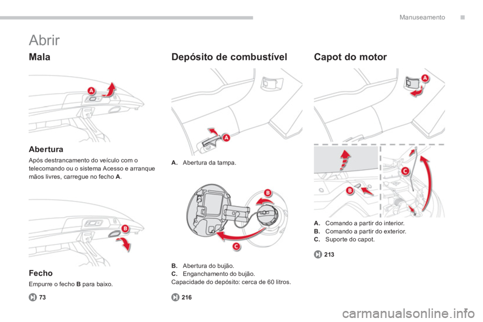 CITROEN C4 AIRCROSS 2014  Manual do condutor (in Portuguese) .
7
Manuseamento
  Abrir 
 
 
Mala 
 
 
Abertura 
 
Após destrancamento do veículo com o 
telecomando ou o sistema Acesso e arranque 
mãos livres, carregue no fecho  A 
.  
 
 
Fecho 
 
Empurre o f