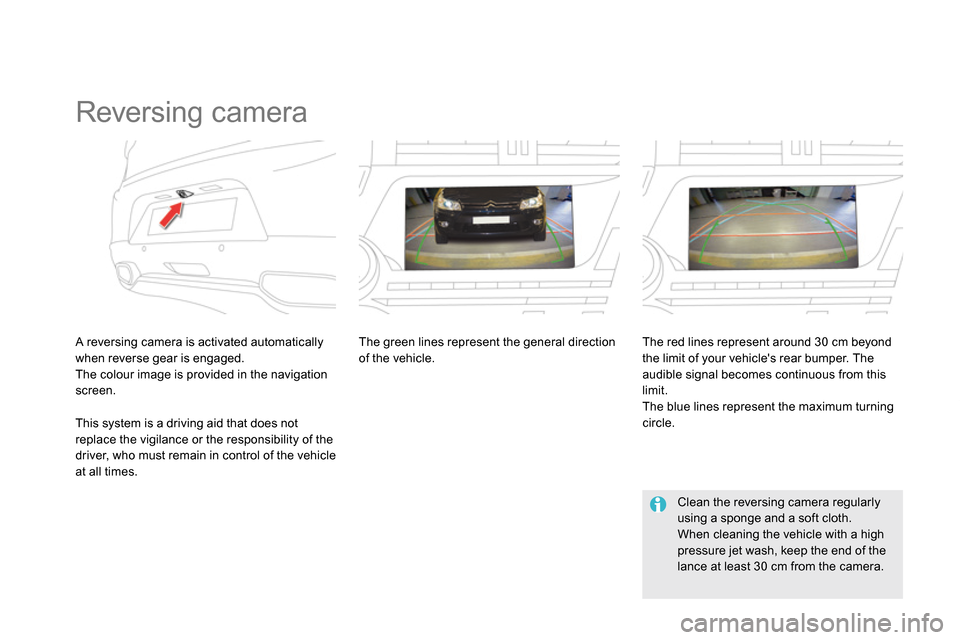 Citroen DS5 2014 1.G Owners Guide    
 
 
 
 
 
 
 
Reversing camera  
 
 
A reversing camera is activated automatically 
when reverse gear is engaged. 
  The colour image is provided in the navigation 
screen.     
The green lines re