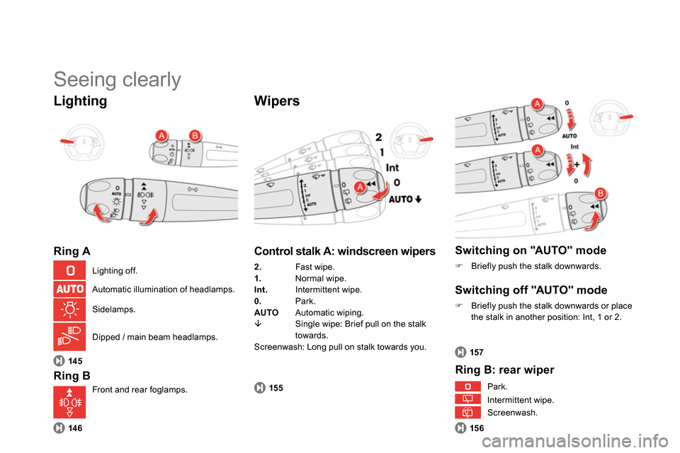 Citroen DS5 2014 1.G Owners Manual 14 6155157
15 6 14 5
  Seeing clearly 
 
 
Lighting 
 
 
Ring A 
   
Ring B 
 
 
Wipers 
 
 
Control stalk A: windscreen wipers 
 
 
2.  
Fast wipe. 
   
1. 
 Normal wipe. 
   
Int. 
 Intermittent wip