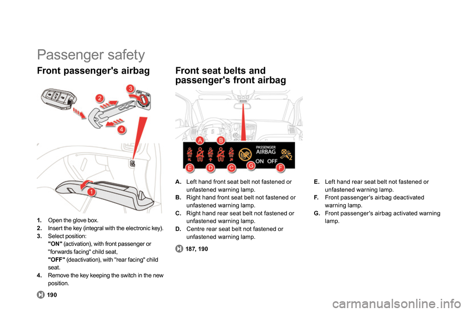 Citroen DS5 2014 1.G Owners Manual 190187, 190
A.
Left hand front seat belt not fastened or
unfastened warning lamp.
B.
Right hand front seat belt not fastened or
unfastened warning lamp.
C.
Right hand rear s Citroen DS5 2014 1.G Owners Manual 190187, 190
A.
Left hand front seat belt not fastened or
unfastened warning lamp.
B.
Right hand front seat belt not fastened or
unfastened warning lamp.
C.
Right hand rear s
