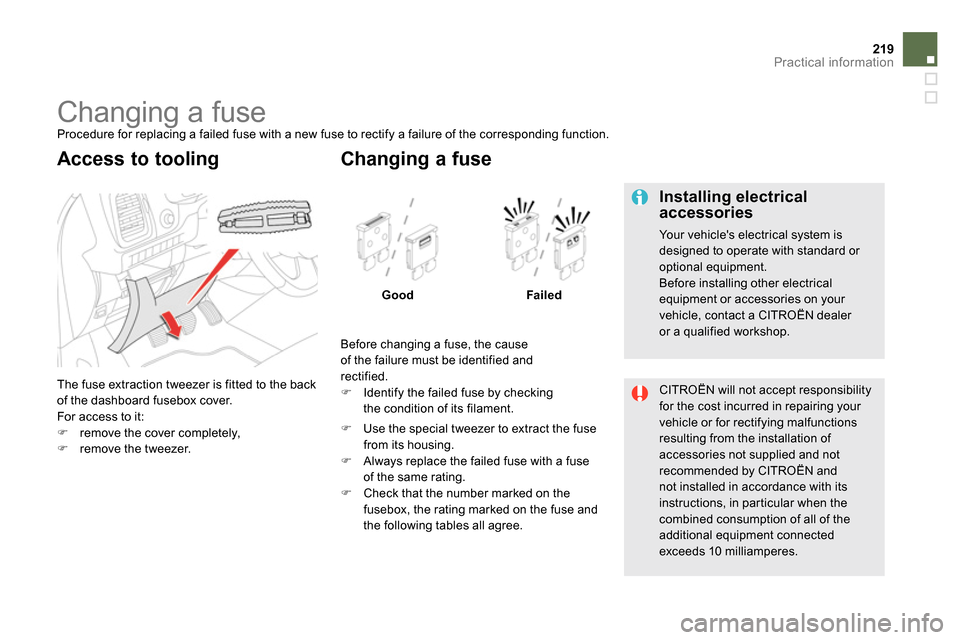 Citroen DS5 2014 1.G Owners Manual 219Practical information
   
 
 
 
 
 
 
 
 
 
 
 
 
 
 
 
 
 
 
 
Changing a fuse  
Procedure for replacing a failed fuse with a new fuse to rectify a failure of the corresponding function. 
  The fu