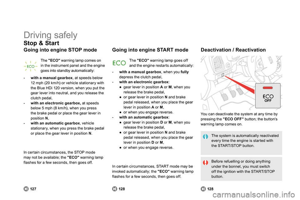 Citroen DS5 2014 1.G Owners Manual 127
128 128
  Driving safely 
 
 
Stop & Start 
 
 
Going into engine STOP mode 
 
The  "ECO" 
 warning lamp comes on 
in the instrument panel and the engine 
goes into standby automatically: 
   
Goi