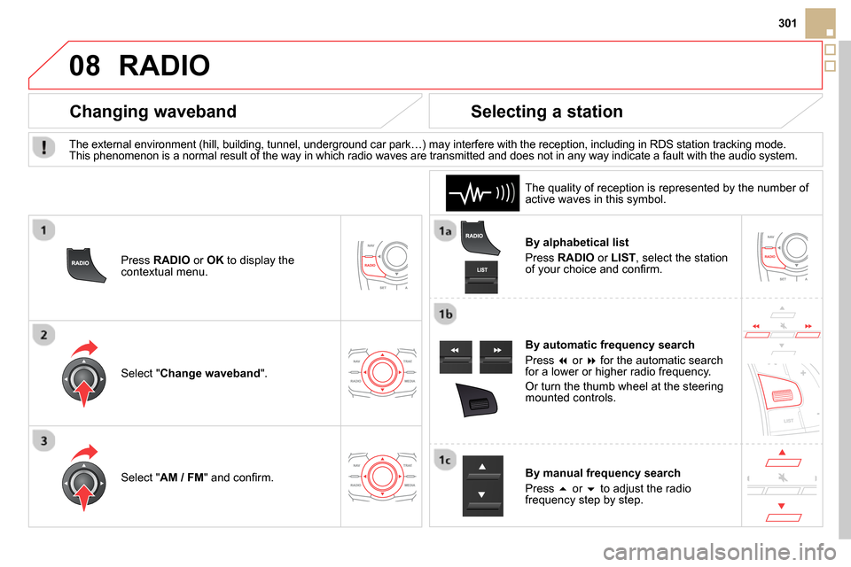 Citroen DS5 2014 1.G Owners Manual 08
301
RADIO
By alphabetical list
Press RADIO
or LIST
, select the station
of your choice and confi rm.
By automatic frequency search
Press
or
for the automatic Citroen DS5 2014 1.G Owners Manual 08
301
RADIO
By alphabetical list
Press RADIO
or LIST
, select the station
of your choice and confi rm.
By automatic frequency search
Press
or
for the automatic