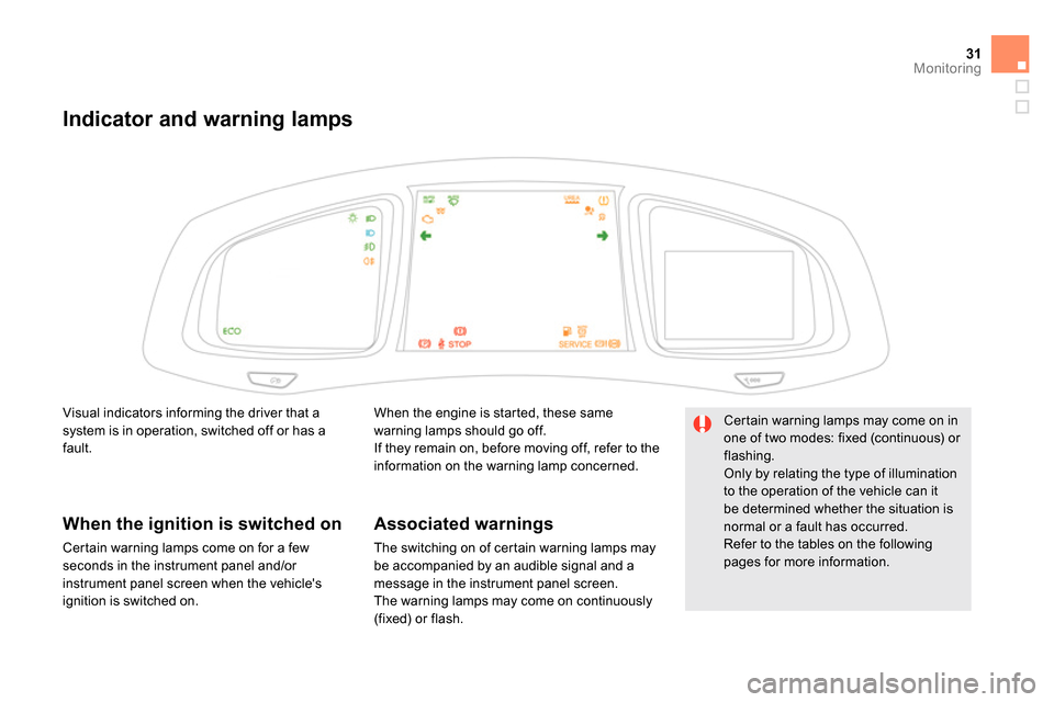 Citroen DS5 2014 1.G Owners Manual 31Monitoring
   
 
 
 
 
 
Indicator and warning lamps 
 
When the engine is started, these same 
warning lamps should go off. 
  If they remain on, before moving off, refer to the 
information on the