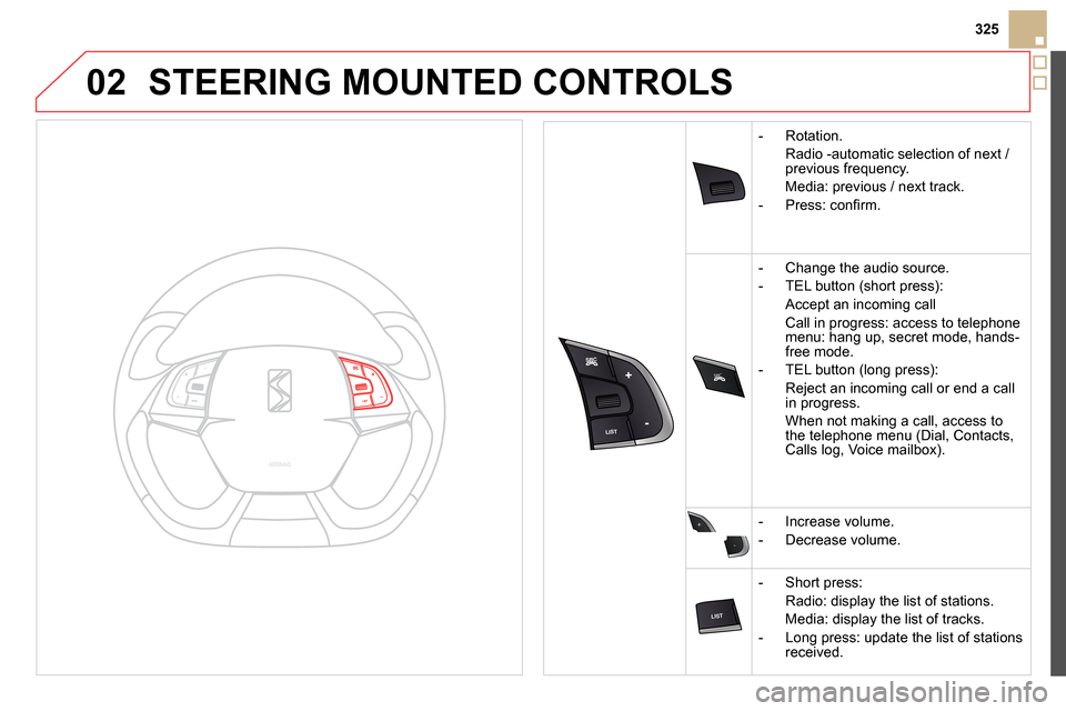 Citroen DS5 2014 1.G Owners Manual 02
SRC
+
-
325
STEERING MOUNTED CONTROLS
- Rotation
.
Radio -automatic selection of next /
previous frequency.
Media: previous / next track Citroen DS5 2014 1.G Owners Manual 02
SRC
+
-
325
STEERING MOUNTED CONTROLS
- Rotation
.
Radio -automatic selection of next /
previous frequency.
Media: previous / next track