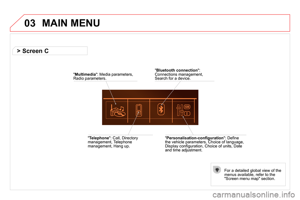Citroen DS5 2014 1.G Owners Manual 03  MAIN MENU 
 
 
" Telephone 
": Call, Directory 
management, Telephone 
management, Hang up.  
   
For a detailed global view of the 
menus available, refer to the 
"Screen menu map" section.  
   