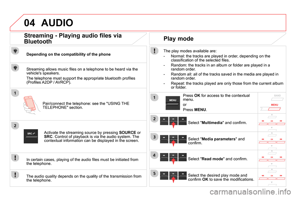 Citroen DS5 2014 1.G Owners Manual 04 AUDIO
Streaming - Playing audio files via
Bluetooth
Depending on the compatibility of the phone
Pair/connect the telephone: see the "USING THE
TELEPHONE" section. Citroen DS5 2014 1.G Owners Manual 04 AUDIO
Streaming - Playing audio files via
Bluetooth
Depending on the compatibility of the phone
Pair/connect the telephone: see the "USING THE
TELEPHONE" section.
